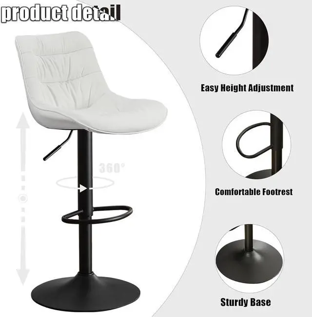Alt view image 4 of 7 - Kidol & Shellder Bar Stools Set of 2 Swivel Adjustable Barstools for Kitchen Island Counter Height Bar Stool Upholstered Bar Chairs Modern Counter Stools PU Leather Bar Height Stools with Back(White)