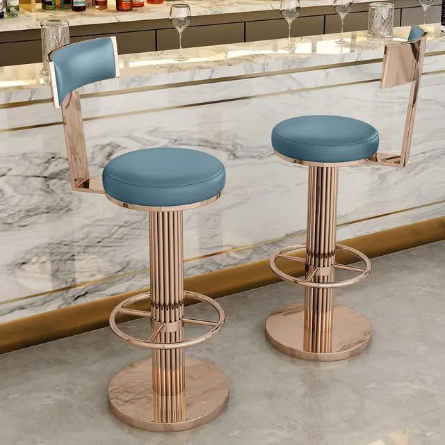 Alt view image 7 of 7 - Swivel Bar Stools with Backrest, Modern Adjustable Height Counter Stool with Stainless Steel Legs and Comfortable Cushion, Rose Bar Chairs for Kitchen Island Counter (Blue)