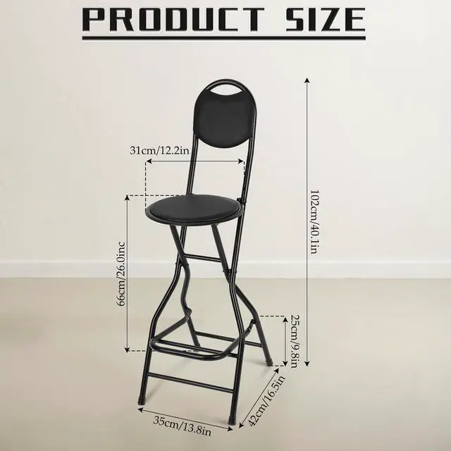 Alt view image 3 of 7 - Sintuff 1 Pcs Seat Height 26 Inch Folding Bar Stool with Backrest Leather Padded Folding Stools for Adults Portable Black Bar Height Folding Chairs for Outdoor Indoor Kitchen Shop Cafe
