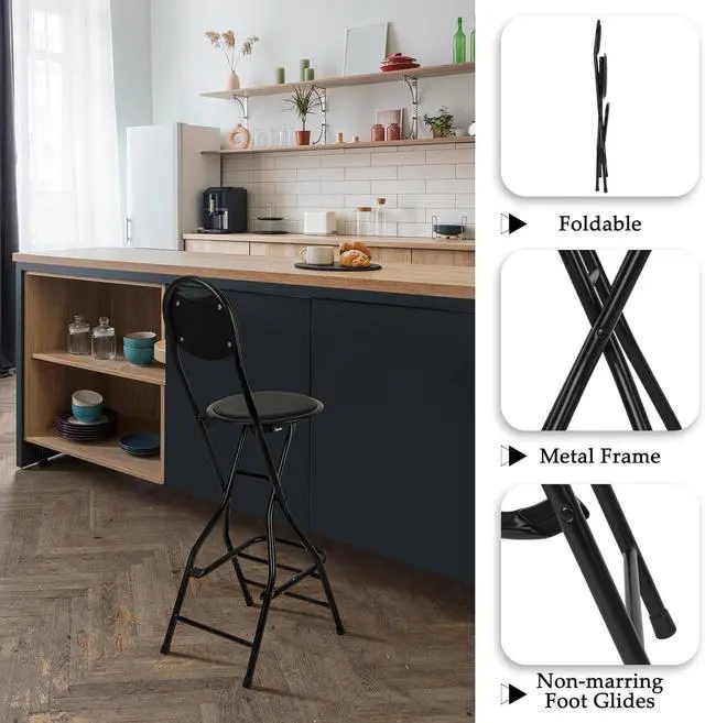 Alt view image 4 of 7 - Sintuff 1 Pcs Seat Height 26 Inch Folding Bar Stool with Backrest Leather Padded Folding Stools for Adults Portable Black Bar Height Folding Chairs for Outdoor Indoor Kitchen Shop Cafe