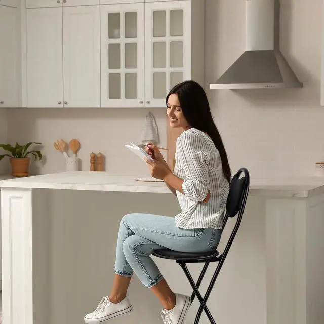 Alt view image 5 of 7 - Sintuff 1 Pcs Seat Height 26 Inch Folding Bar Stool with Backrest Leather Padded Folding Stools for Adults Portable Black Bar Height Folding Chairs for Outdoor Indoor Kitchen Shop Cafe