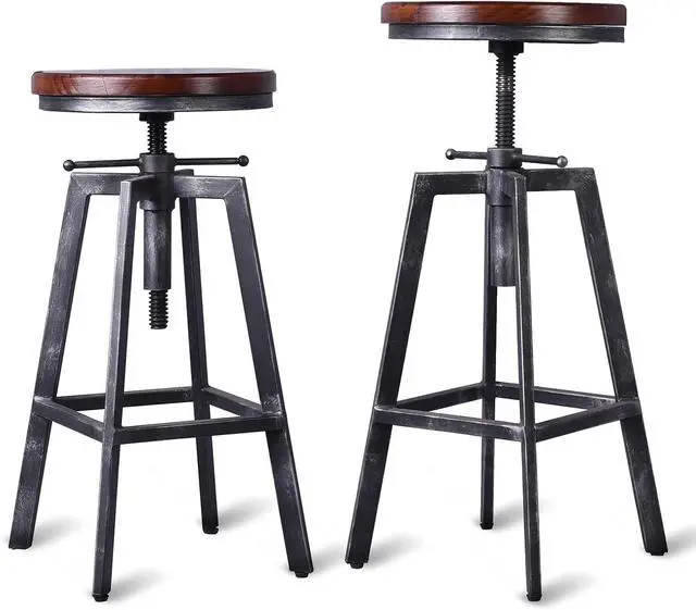 Main image of Set of 2 Industrial Bar Stools 25.6-30.5inch Counter Bar Height Adjustable Swivel Wooden Seat Kitchen Dining Chairs