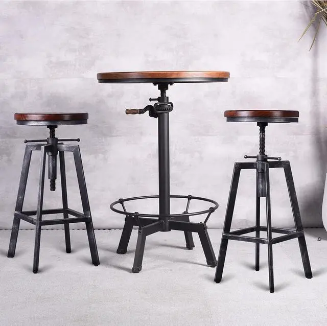 Alt view image 2 of 6 - Set of 2 Industrial Bar Stools 25.6-30.5inch Counter Bar Height Adjustable Swivel Wooden Seat Kitchen Dining Chairs