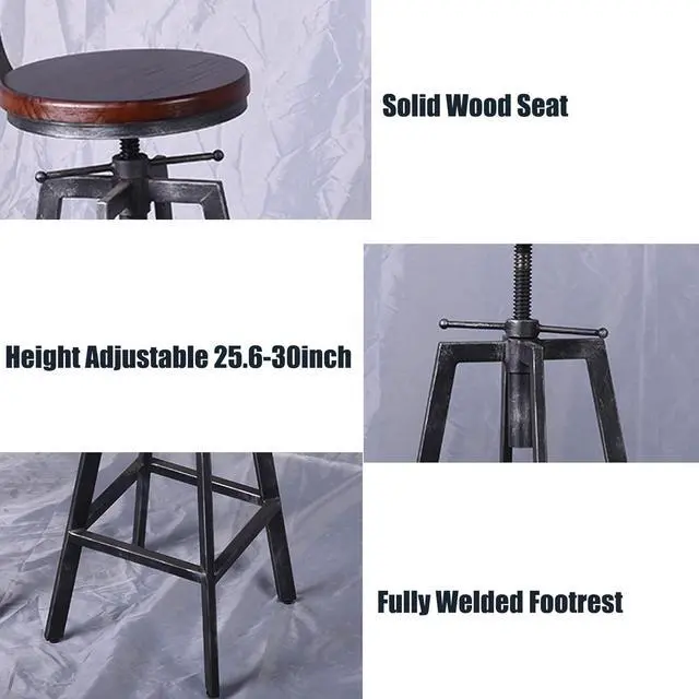 Alt view image 4 of 6 - Set of 2 Industrial Bar Stools 25.6-30.5inch Counter Bar Height Adjustable Swivel Wooden Seat Kitchen Dining Chairs
