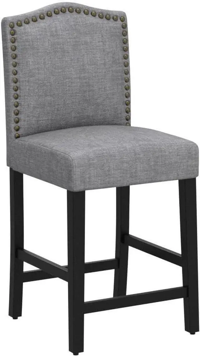 Alt view image 4 of 7 - GOTMINSI Bar Stools 24 Inches Upholstered Barstool Grey Counter Height Barstool with Antique Gold Nail Heads Solid Wood Set of 2 Bar Chairs