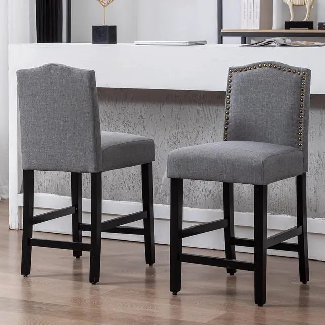 Alt view image 6 of 7 - GOTMINSI Bar Stools 24 Inches Upholstered Barstool Grey Counter Height Barstool with Antique Gold Nail Heads Solid Wood Set of 2 Bar Chairs
