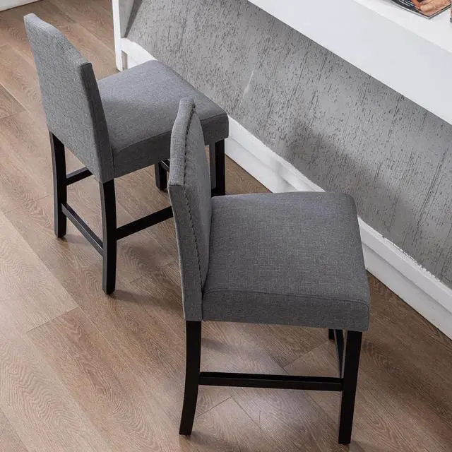 Alt view image 7 of 7 - GOTMINSI Bar Stools 24 Inches Upholstered Barstool Grey Counter Height Barstool with Antique Gold Nail Heads Solid Wood Set of 2 Bar Chairs