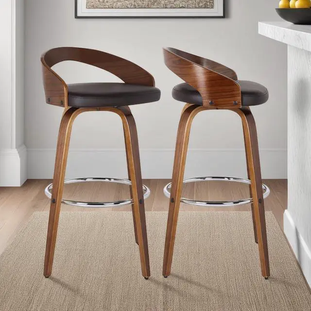 Alt view image 2 of 7 - Armen Living Sonia 26" Seat Height Mid Century Modern Swivel Bar Stool for Kitchen Island Counter in Brown Faux Leather and Walnut Wood