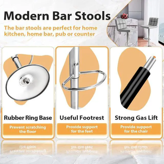 Alt view image 4 of 7 - GUNJI Bar Stools Modern PU Leather Adjustable Barstools with Back Armless Hydraulic Kitchen Counter Height Swivel Bar Stool Set of 2 (Gray)