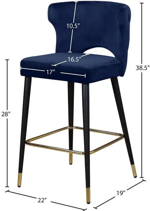 Alt view image 3 of 6 - Meridian Furniture 791Navy-C Kelly Collection Modern | Contemporary Velvet Upholstered Counter Height Stool with Gold Tipped, Black Metal Legs, Navy, 22" W x 19" D x 38.5" H, Set of 2