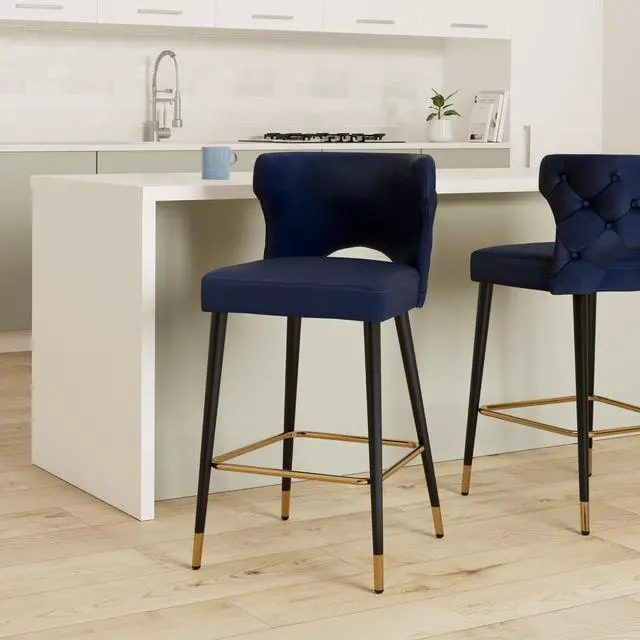 Alt view image 2 of 6 - Meridian Furniture 791Navy-C Kelly Collection Modern | Contemporary Velvet Upholstered Counter Height Stool with Gold Tipped, Black Metal Legs, Navy, 22" W x 19" D x 38.5" H, Set of 2