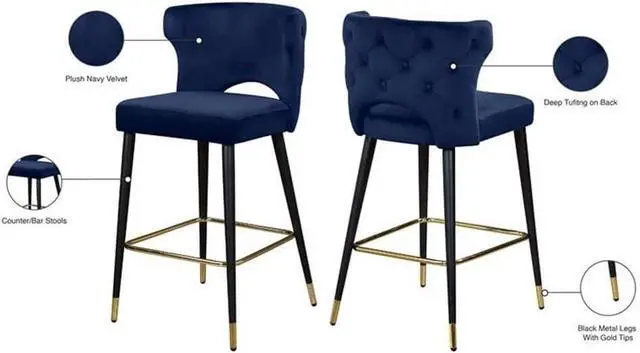 Alt view image 6 of 6 - Meridian Furniture 791Navy-C Kelly Collection Modern | Contemporary Velvet Upholstered Counter Height Stool with Gold Tipped, Black Metal Legs, Navy, 22" W x 19" D x 38.5" H, Set of 2