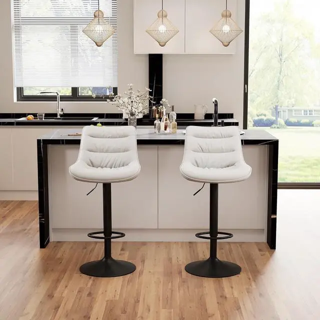 Alt view image 5 of 7 - Kidol & Shellder Bar Stools Set of 2 Swivel Adjustable Barstools for Kitchen Island Counter Height Bar Stool Upholstered Bar Chairs Modern Counter Stools PU Leather Bar Height Stools with Back(White)