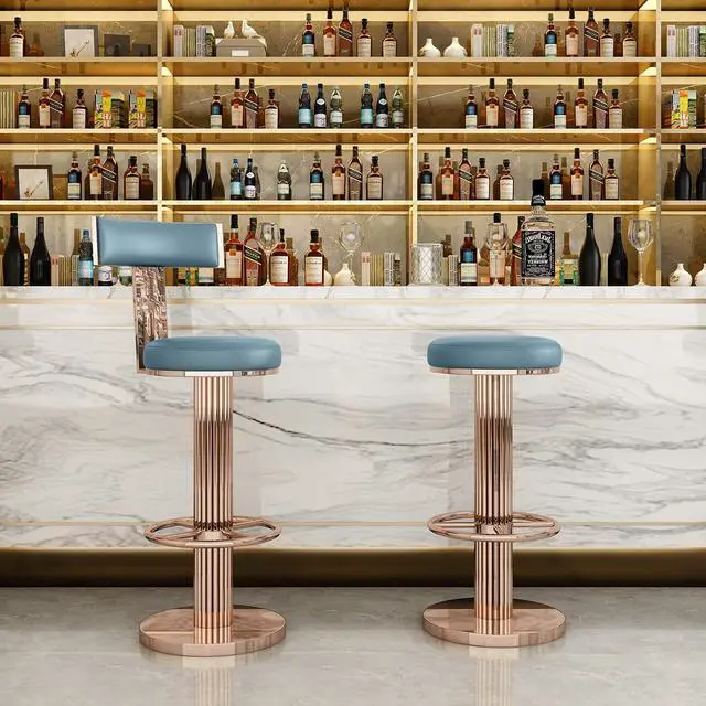 Alt view image 2 of 7 - Swivel Bar Stools with Backrest, Modern Adjustable Height Counter Stool with Stainless Steel Legs and Comfortable Cushion, Rose Bar Chairs for Kitchen Island Counter (Blue)