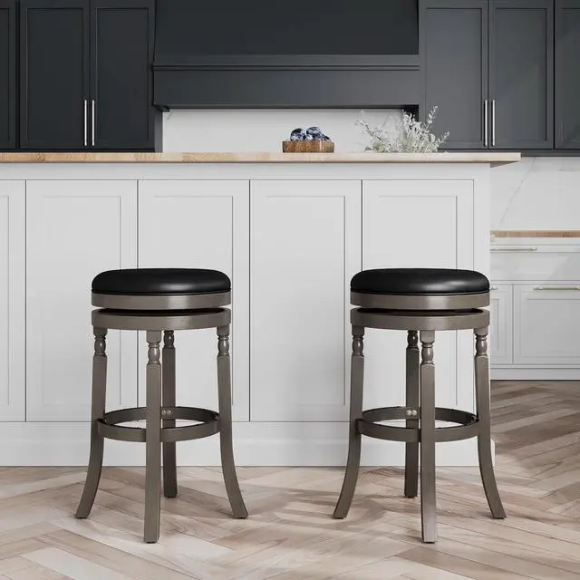Alt view image 4 of 7 - DTY Indoor Living Palmer Lake 30 Inch Counter Height Stools, Backless Swivel Bar Stool, Weathered Gray Finish with Black Seat, Contemporary Counter Stools.