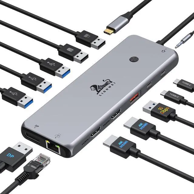 Main image of USB C Hub USB C Docking Station Dual Monitor 13 in 1 Triple Display Multiport Adapter with 2 HDMI+DP+8 USB C/A Ports+Ethernet+Audio USB C Dongle for MacBook//HP/ ThinkPad/Surface