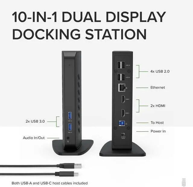 Alt view image 2 of 7 - Plugable USB 3.0 and USB-C Universal Laptop Docking Station with 2 HDMI Ports for Windows, Mac, and ChromeOS (Gigabit Ethernet, Audio, 6 USB Ports)