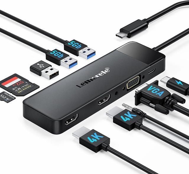 Main image of Lemorele USB C Docking Station Dual Monitor 10- in-1 Triple Display USB C Hub Multiple Adapter w/2 HDMI 4K+VGA+3 USB3.0/2.0+TF/SD 2.0+Audio+100W PD, USB C Dongle for Mac/Dell/HP/Lenovo/Surface