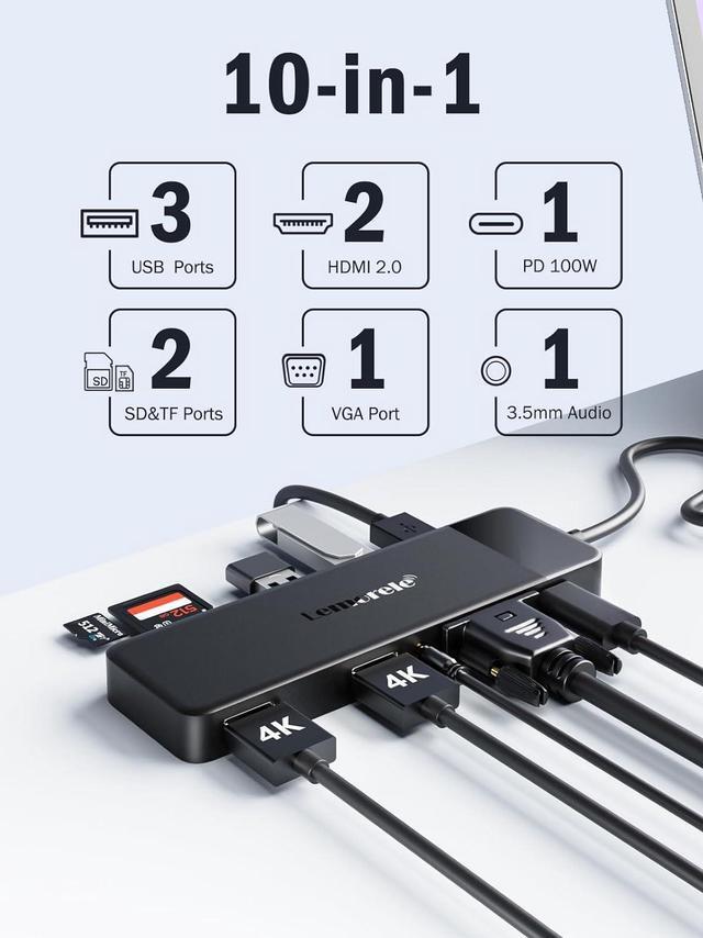 Alt view image 2 of 7 - Lemorele USB C Docking Station Dual Monitor 10- in-1 Triple Display USB C Hub Multiple Adapter w/2 HDMI 4K+VGA+3 USB3.0/2.0+TF/SD 2.0+Audio+100W PD, USB C Dongle for Mac/Dell/HP/Lenovo/Surface