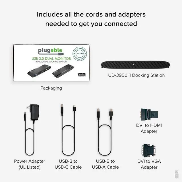 Alt view image 7 of 7 - Plugable USB 3.0 Universal Docking Station for Windows, macOS, ChromeOS (Dual HDMI Monitors or DVI/VGA, Gigabit Ethernet, Audio, 6 USB Ports)