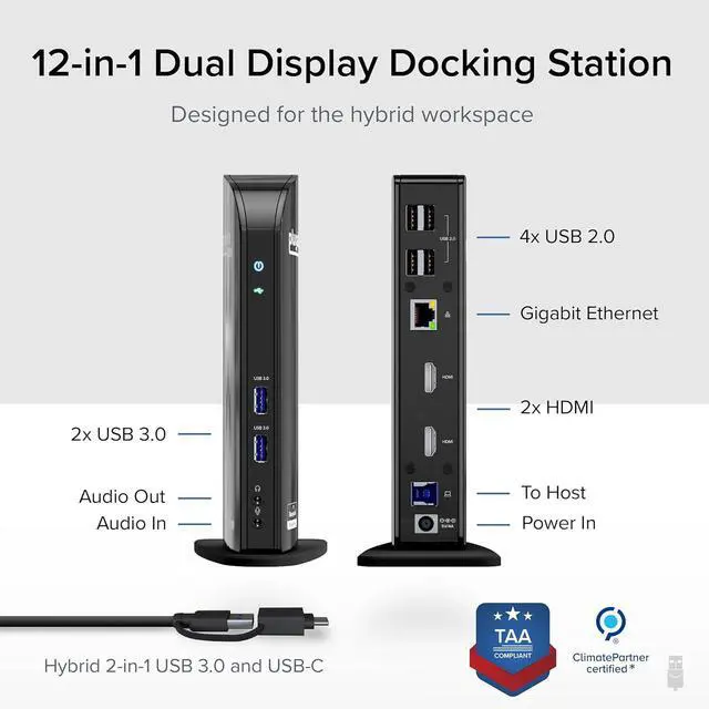 Alt view image 2 of 7 - Plugable USB 3.0 Universal Laptop Docking Station Dual HDMI Monitor for Windows and Mac (Driver Required), USB 3.0 or USB-C, 2X HDMI, Gigabit Ethernet, Audio, 6 USB Ports (UD-3900)