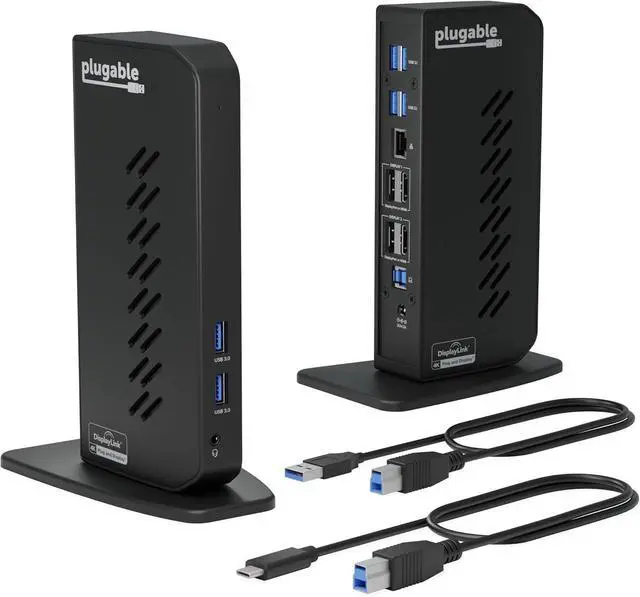 Main image of Plugable USB 3.0 and USB-C Dual 4K Display Docking Station with DisplayPort and HDMI for Windows and Mac (Dual 4K DisplayPort & HDMI, Gigabit Ethernet, Audio, 6 USB Ports) Vertical