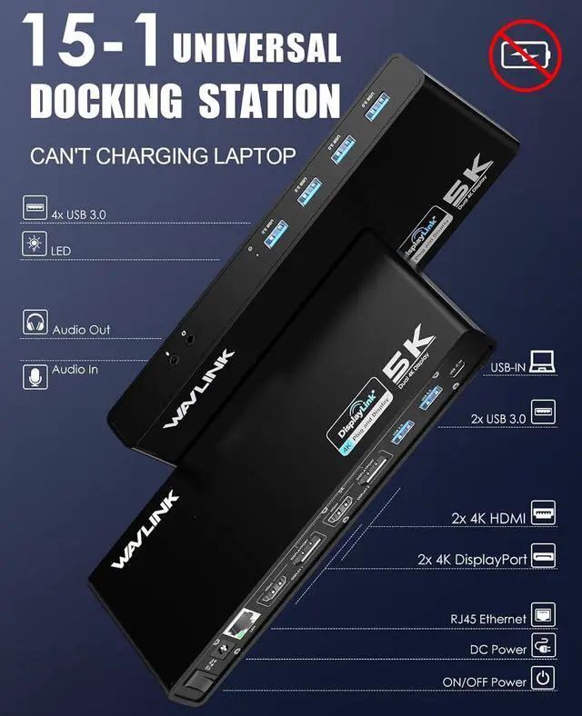 Alt view image 2 of 7 - WAVLINK Pro Dual 4K@60Hz Universal Docking Station | USB 3.0/Type-C Laptop Dock for Mac & Windows | 2 HDMI/DP Monitors, Gigabit Ethernet, 6 USB 3.0 | Home Office & Multi-Screen Productivity.