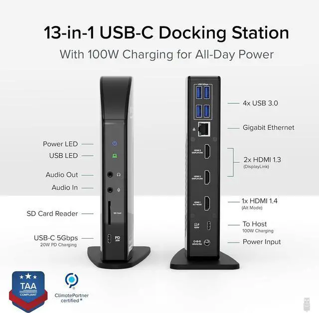 Alt view image 2 of 7 - Plugable USB-C Triple Monitor Docking Station: 13-in-1 Laptop Dock with 100W Charging for Mac (DisplayLink Driver Required), Windows, Chrome, 3 HDMI, Gigabit Ethernet, SD, USB-C 20W, 4 USB - UD-ULTCDL