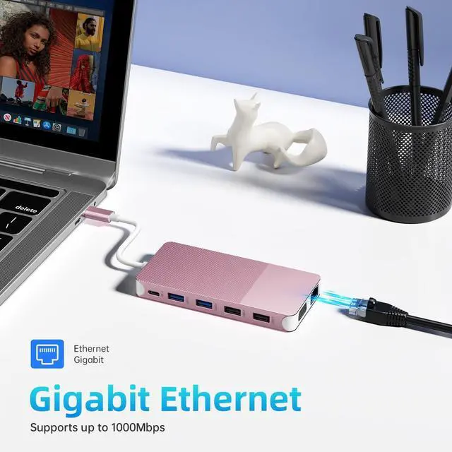 Alt view image 6 of 6 - USB C Laptop Docking Station for 3 Monitors Max - 12 in 1 USB C Hub with 2 HDMI +1 VGA +10Gbps USB C, USB*6, 100W PD, Ethernet, SD/TF, Portable and User-Friendly for MacBook/Dell/HP/Surface.etc
