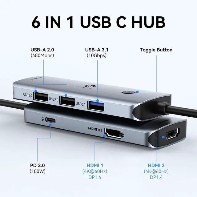 Alt view image 2 of 7 - USB C Docking Station Dual Monitor, LIONWEI Laptop USB C Hub, USB C Dock Multiport Adapter with 2 4K HDMI, 3 USB-A/3.0/2.0, 100W Power Delivery, 6-in-1 USB Dongle for MacBook/Surface/Lenovo/Dell/HP