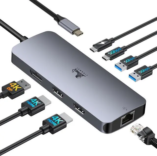 Main image of USB C Docking Station Dual Monitor, LIONWEI Laptop Docking Station 3 Monitors with 2 HDMI, 4K DisplayPort, 1Gbps Ethernet, 100W PD, 3 USB A/C 3.0, USB C Hub Multiport Adapter for Dell/Lenovo/HP
