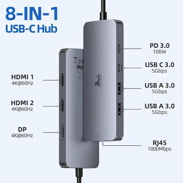 Alt view image 2 of 7 - USB C Docking Station Dual Monitor, LIONWEI Laptop Docking Station 3 Monitors with 2 HDMI, 4K DisplayPort, 1Gbps Ethernet, 100W PD, 3 USB A/C 3.0, USB C Hub Multiport Adapter for Dell/Lenovo/HP