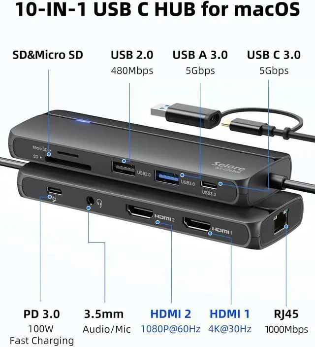 Alt view image 2 of 7 - USB 3.0 Docking Station,10 in 1 USB Docking Station Dual Monitor with 2 HDMI,Ethernet,PD 100W,SD/TF,Audio/Mic,USB A Docking Station for Laptop,USB C Hub Dual HDMI Adapter for MacBook/Dell/HP/M1M2