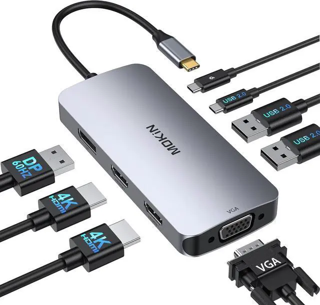 Main image of USB C Docking Station Dual HDMI, MOKiN Docking Station 3 Monitors, Displayport, VGA, 100W PD Charging, 2USB A 2.0, USB C 2.0 Ports Multiport Adapter, 8 in 1 USB C Hub for Dell, HP, Lenovo Thinkpad