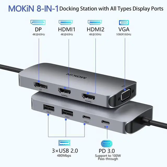 Alt view image 2 of 6 - USB C Docking Station Dual HDMI, MOKiN Docking Station 3 Monitors, Displayport, VGA, 100W PD Charging, 2USB A 2.0, USB C 2.0 Ports Multiport Adapter, 8 in 1 USB C Hub for Dell, HP, Lenovo Thinkpad