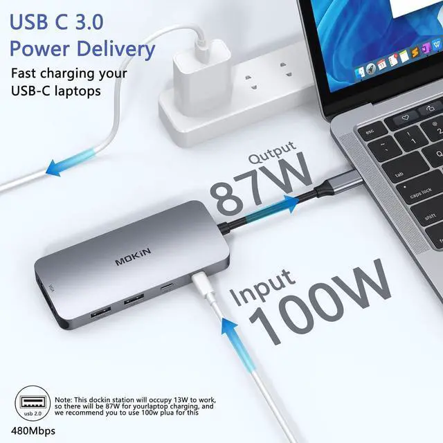 Alt view image 3 of 6 - USB C Docking Station Dual HDMI, MOKiN Docking Station 3 Monitors, Displayport, VGA, 100W PD Charging, 2USB A 2.0, USB C 2.0 Ports Multiport Adapter, 8 in 1 USB C Hub for Dell, HP, Lenovo Thinkpad