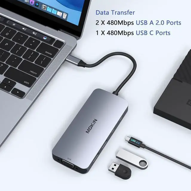 Alt view image 6 of 6 - USB C Docking Station Dual HDMI, MOKiN Docking Station 3 Monitors, Displayport, VGA, 100W PD Charging, 2USB A 2.0, USB C 2.0 Ports Multiport Adapter, 8 in 1 USB C Hub for Dell, HP, Lenovo Thinkpad