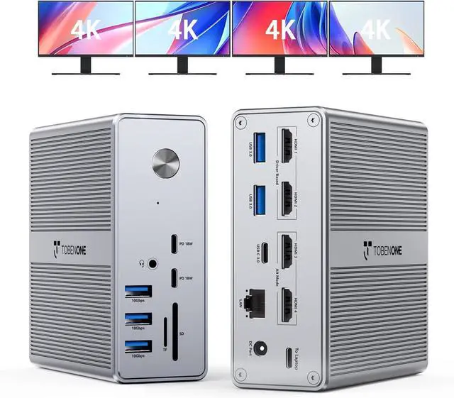 Main image of TobenONE DisplayLink Docking Station 4 Monitor with 4 HDMI, 18-in-1 Quad/Triple 4K@60Hz Display Dock with 120W Power Supply for Thunderbolt 5/4/3, USB4, USB-C Windows, MacBook(8 USB, Ethernet, etc)