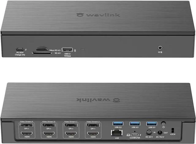 Main image of WAVLINK DisplayLink Laptop Docking Station - Quad Monitor 5K/4K@60Hz, 100W Charging - Thunderbolt 4/3, USB-C/A - M1 M2 Mac/Windows/Chrome/Ubuntu - 4 HDMI, 4 DP, 180W Power, SD 4.0 CR, 2.5Gbps LAN