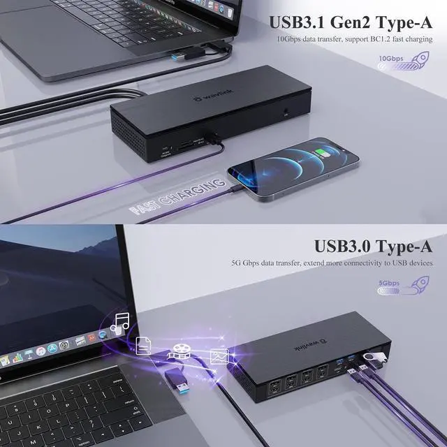 Alt view image 7 of 7 - WAVLINK DisplayLink Laptop Docking Station - Quad Monitor 5K/4K@60Hz, 100W Charging - Thunderbolt 4/3, USB-C/A - M1 M2 Mac/Windows/Chrome/Ubuntu - 4 HDMI, 4 DP, 180W Power, SD 4.0 CR, 2.5Gbps LAN