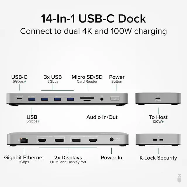 Alt view image 2 of 7 - Plugable USB C Laptop Docking Station, Dual Monitor 4K 60Hz for Apple Mac M1/M2/M3/M4, 2X HDMI or 2X DisplayPort, 100W Charging DisplayLink Dock, 2 Displays for MacBook, Driver Required (UD-6950PDH)