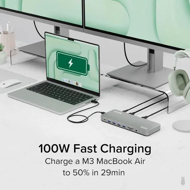 Alt view image 5 of 7 - Plugable USB C Laptop Docking Station, Dual Monitor 4K 60Hz for Apple Mac M1/M2/M3/M4, 2X HDMI or 2X DisplayPort, 100W Charging DisplayLink Dock, 2 Displays for MacBook, Driver Required (UD-6950PDH)