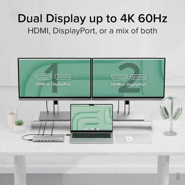 Alt view image 4 of 7 - Plugable USB C Laptop Docking Station, Dual Monitor 4K 60Hz for Apple Mac M1/M2/M3/M4, 2X HDMI or 2X DisplayPort, 100W Charging DisplayLink Dock, 2 Displays for MacBook, Driver Required (UD-6950PDH)
