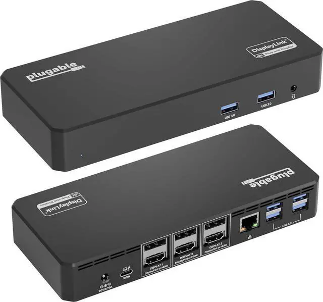 Main image of Plugable 12-in-1 USB C Triple Monitor Docking Station, Triple 4K Displays with 3X HDMI or 3X DisplayPort, Compatible with Mac, Windows, Thunderbolt, USB4, USB-C (100W PD, 6X USB Ports, Ethernet)