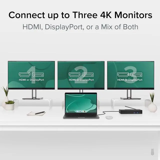 Alt view image 3 of 7 - Plugable 12-in-1 USB C Triple Monitor Docking Station, Triple 4K Displays with 3X HDMI or 3X DisplayPort, Compatible with Mac, Windows, Thunderbolt, USB4, USB-C (100W PD, 6X USB Ports, Ethernet)