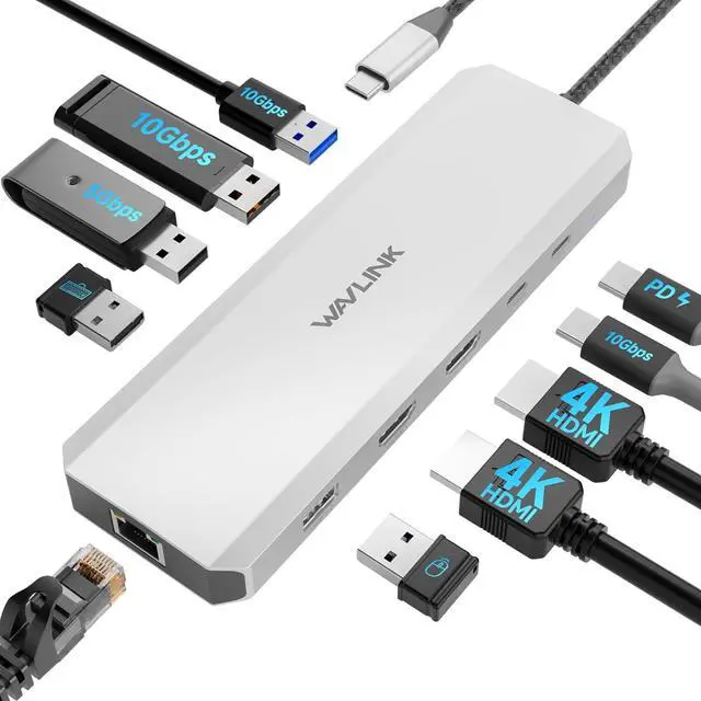Main image of Laptop Docking Station, WAVLINK 10G USB C Hub with Dual HDMI, 100W PD in, 10Gbps USB-A/C 3.2, 5Gbps USB-A, USB2.0, Gigabit Ethernet for /HP/ etc, Windows Systerm Computer Only