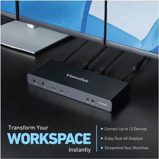 Alt view image 6 of 7 - VisionTek VT4500 12in1 Docking Station Dual Monitor 4K  x2 HDMI, x2 DisplayPort, 60W USB-C PD, x4 USB-A 3.0, x2 5Gbps USB-C, 3.5mm Audio Jack, & Ethernet  Compatible with Laptop, PC, and MacBook