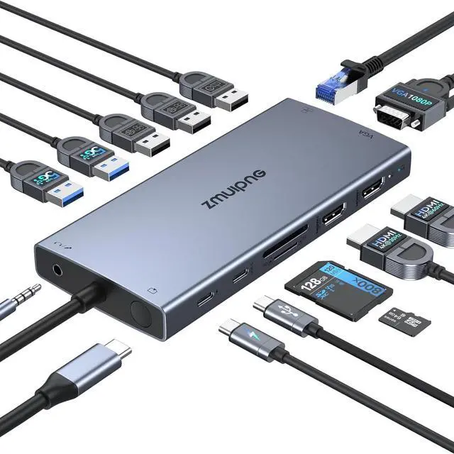 Main image of ZMUIPNG USB C Docking Station Dual Monitor 15 in 1 Laptop Docking Station Triple Display USB C Hub Multiple Adapter Dongle with 4K HDMI+VGA+USB Port+Button+PD+Ethernet for Dell HP Thinkpad Surface