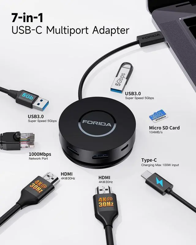 Alt view image 2 of 7 - Mini USB C Docking Station Dual HDMI Monitor, FORIDA Type C Hub, Dual 4K HDMI USB C to USB Adapter, 1 Gbps Ethernet, 100W Power Delivery, Micro SD Card Reader for MacBook Pro, Dell,XPS