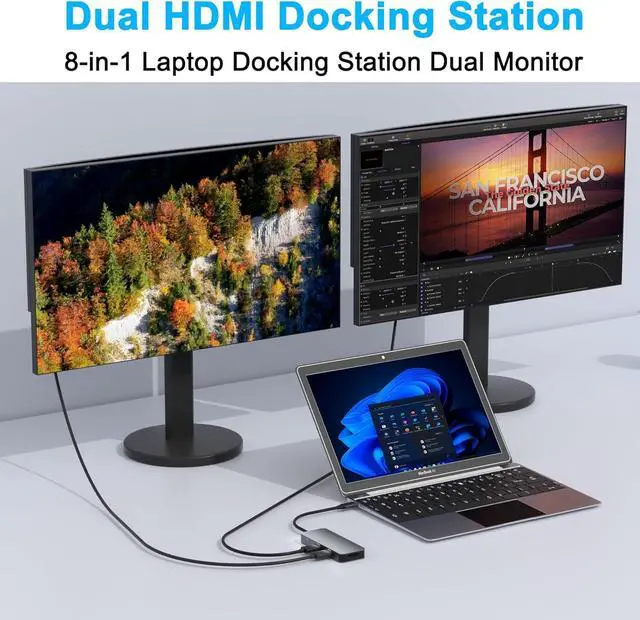 Alt view image 3 of 7 - Docking Station Dual Monitor for Dell/HP/Lenovo/Mac Laptop, USB C Laptop Docking Station Dual Monitor, Dual HDMI Adapter for 2 Monitors, 8 in 1 USB C Hub Multiport Adapter with HDMI/USB/PD/SD/TF